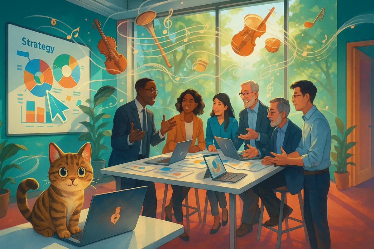 Professional AI consulting team in modern office discussing strategy